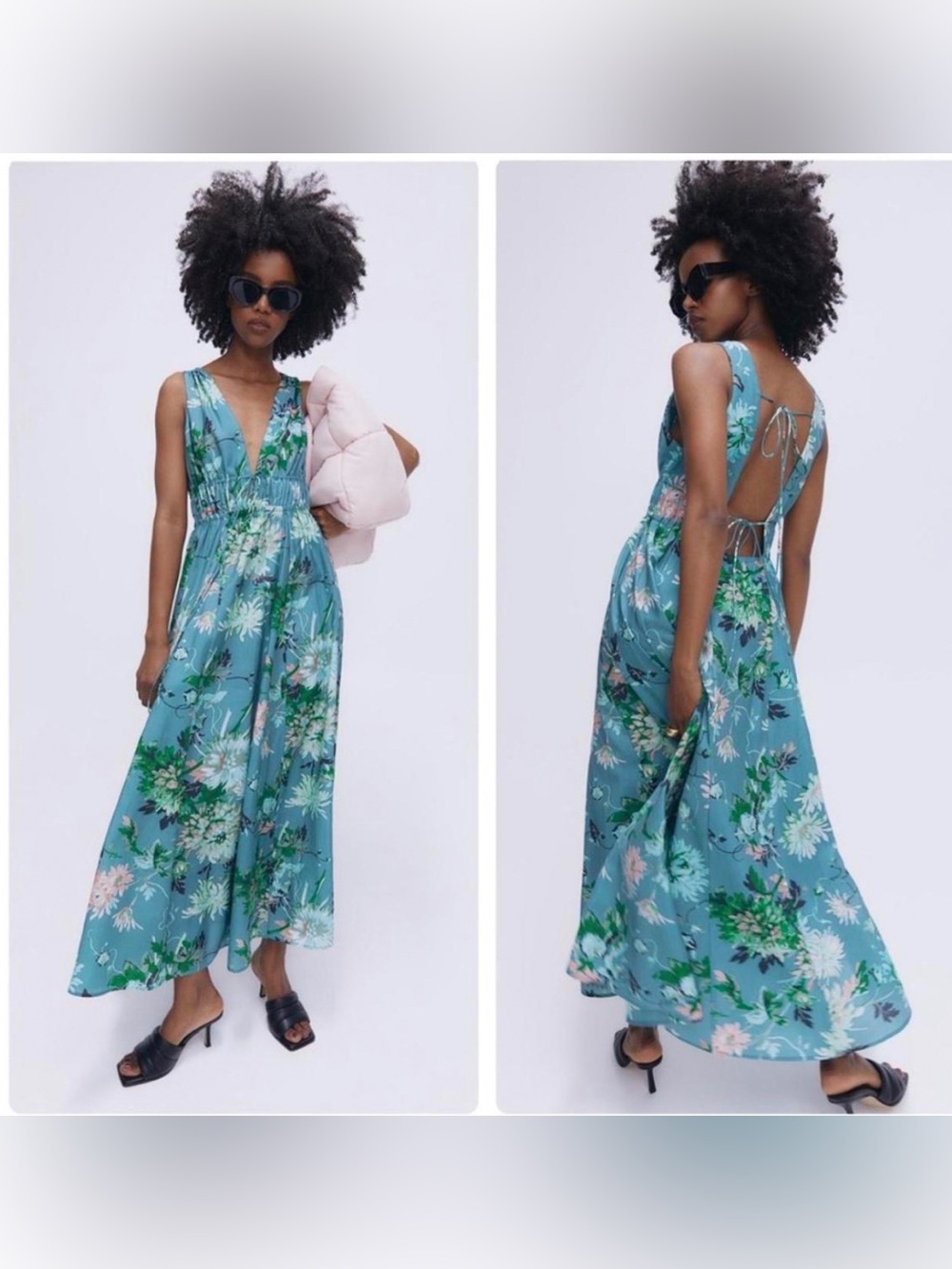 H&M Blue Floral Midi Dress Strappy V-Neck with Pockets